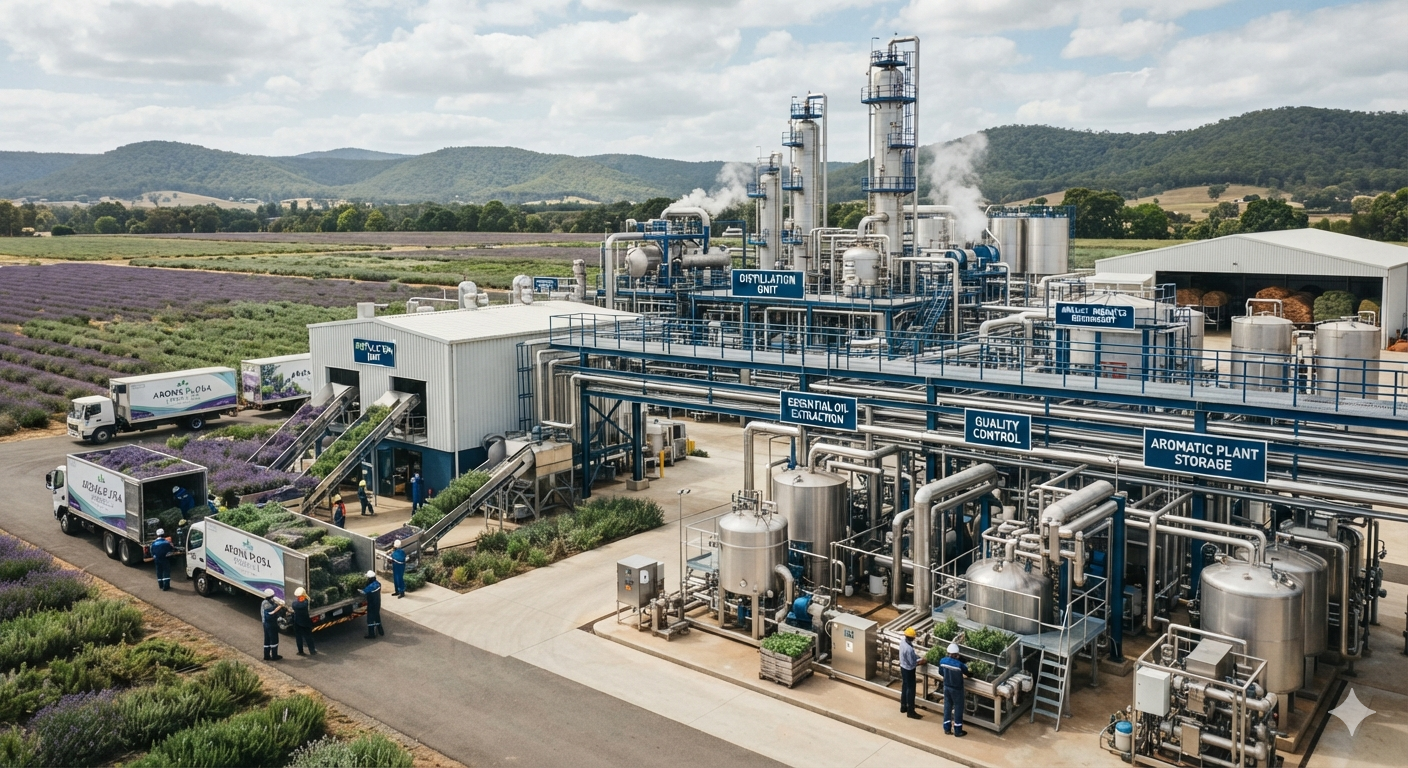 Organized modern chemical refinery processing aromatic crops